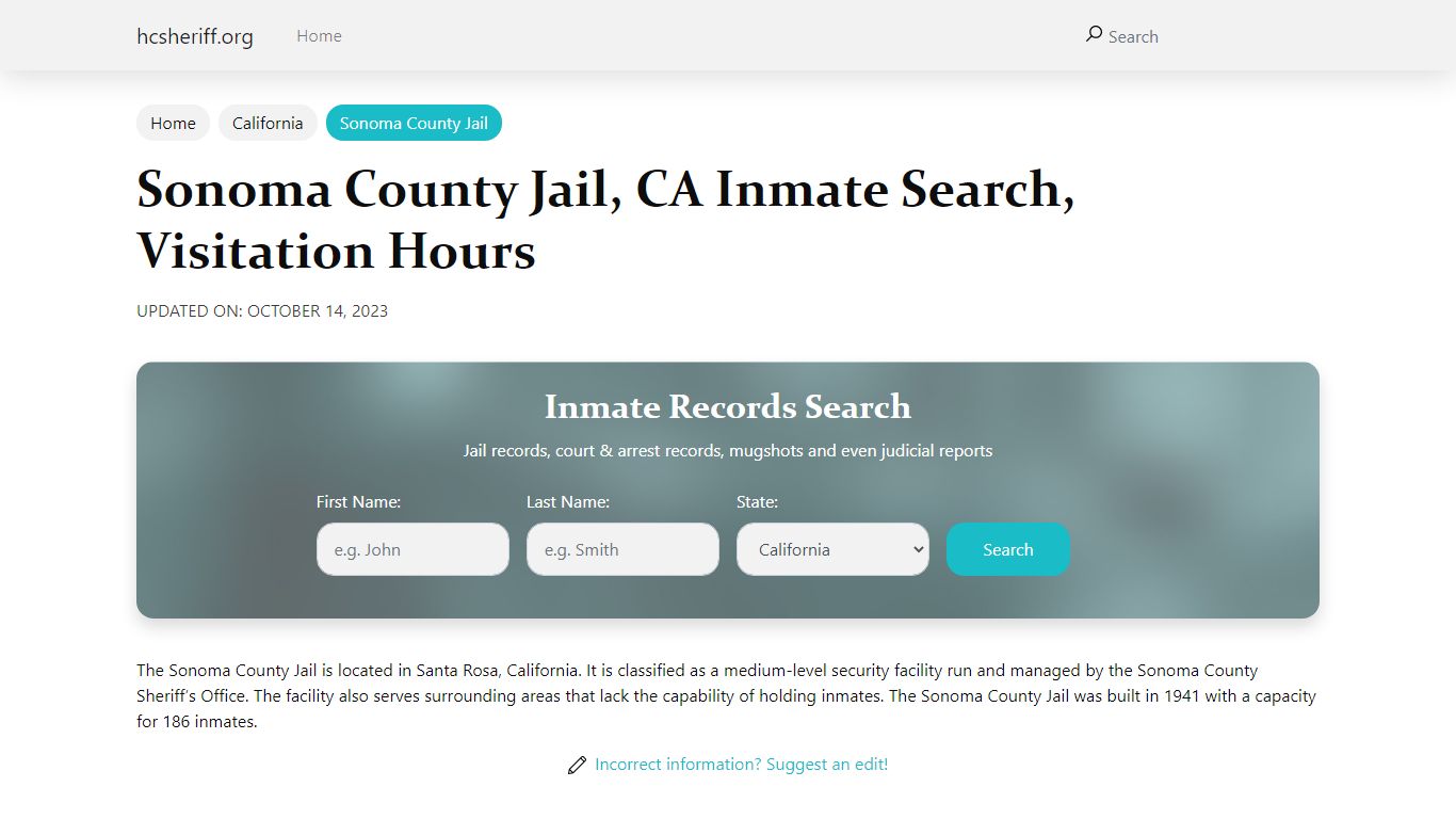 Sonoma County Jail , CA Inmate Search, Visitation Hours